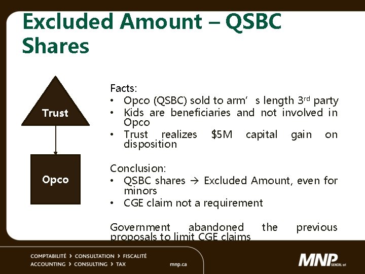 Excluded Amount – QSBC Shares Trust Opco Facts: • Opco (QSBC) sold to arm’s