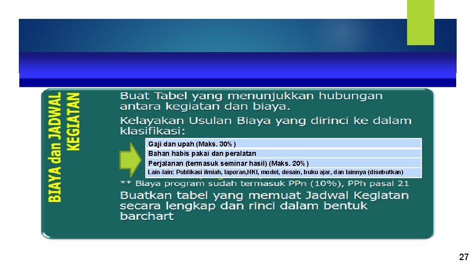Gaji dan upah (Maks. 30%) Bahan habis pakai dan peralatan Perjalanan (termasuk seminar hasil)
