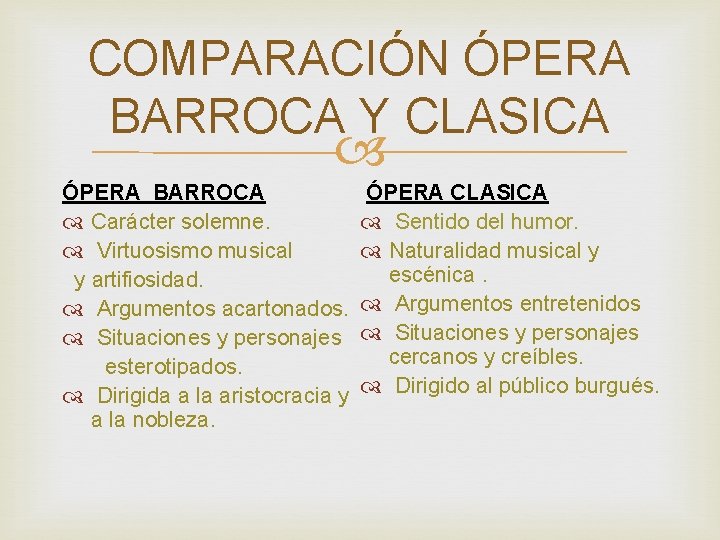 COMPARACIÓN ÓPERA BARROCA Y CLASICA ÓPERA BARROCA ÓPERA CLASICA Carácter solemne. Sentido del humor.