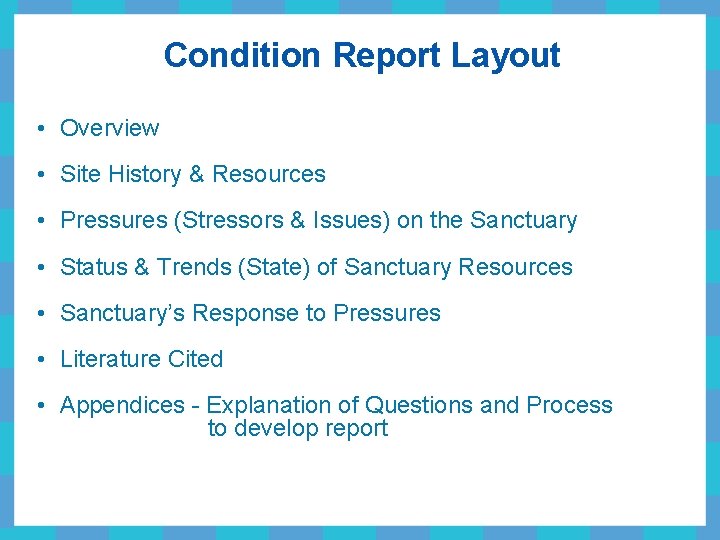 Condition Report Layout • Overview • Site History & Resources • Pressures (Stressors &