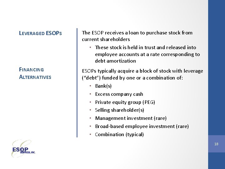 LEVERAGED ESOPS The ESOP receives a loan to purchase stock from current shareholders •
