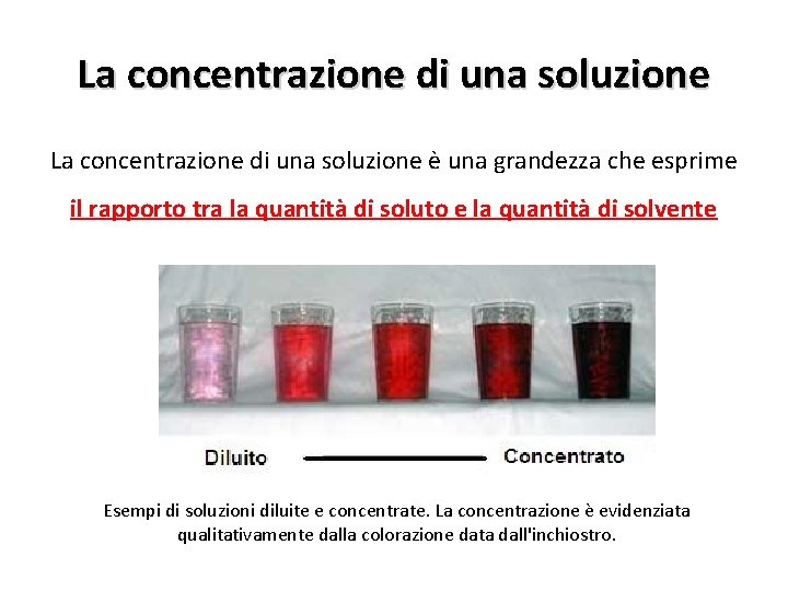 La concentrazione di una soluzione è una grandezza che esprime il rapporto tra la