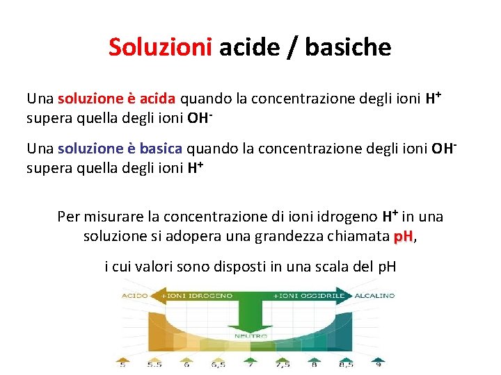 Soluzioni acide / basiche Una soluzione è acida quando la concentrazione degli ioni H+