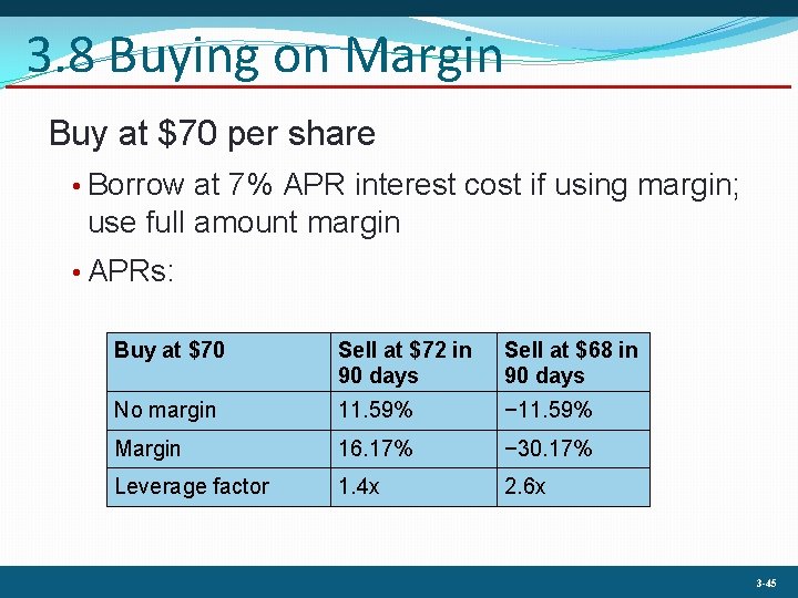 3. 8 Buying on Margin Buy at $70 per share • Borrow at 7%