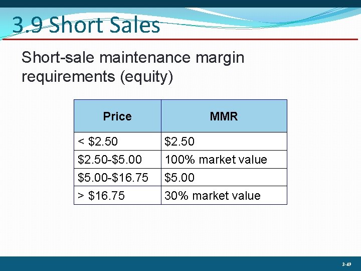 3. 9 Short Sales Short-sale maintenance margin requirements (equity) Price MMR < $2. 50