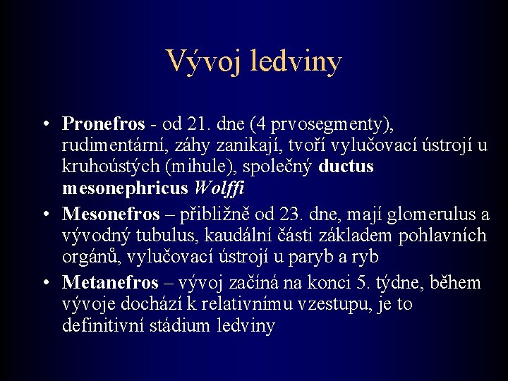 Vývoj ledviny • Pronefros - od 21. dne (4 prvosegmenty), rudimentární, záhy zanikají, tvoří