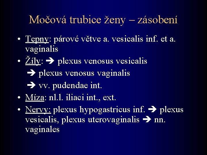 Močová trubice ženy – zásobení • Tepny: párové větve a. vesicalis inf. et a.