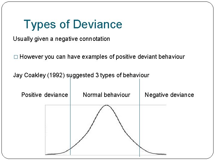 Types of Deviance Usually given a negative connotation � However you can have examples