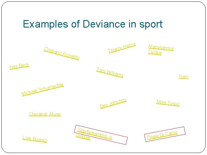 Examples of Deviance in sport Crist iano Thie Rona ldo k Neil Bac ry