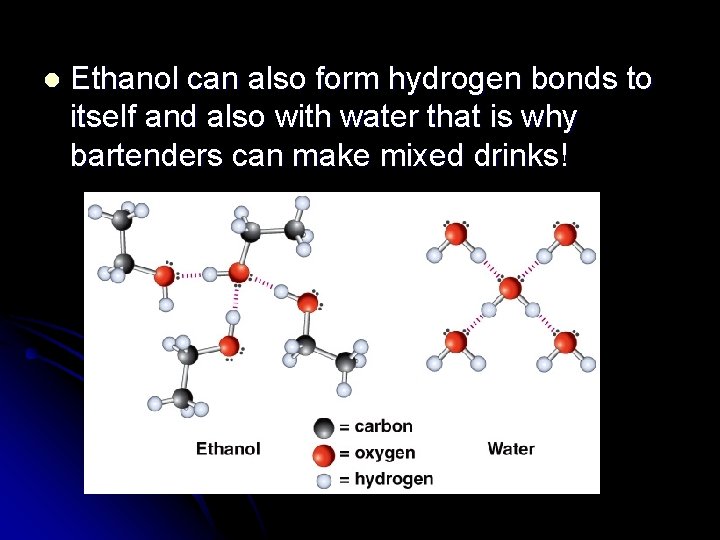 l Ethanol can also form hydrogen bonds to itself and also with water that