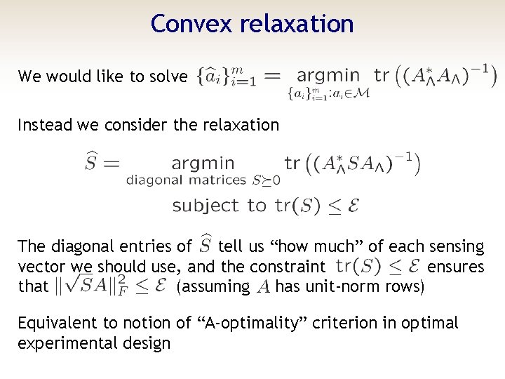 Convex relaxation We would like to solve Instead we consider the relaxation The diagonal