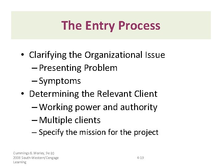 The Entry Process • Clarifying the Organizational Issue – Presenting Problem – Symptoms •