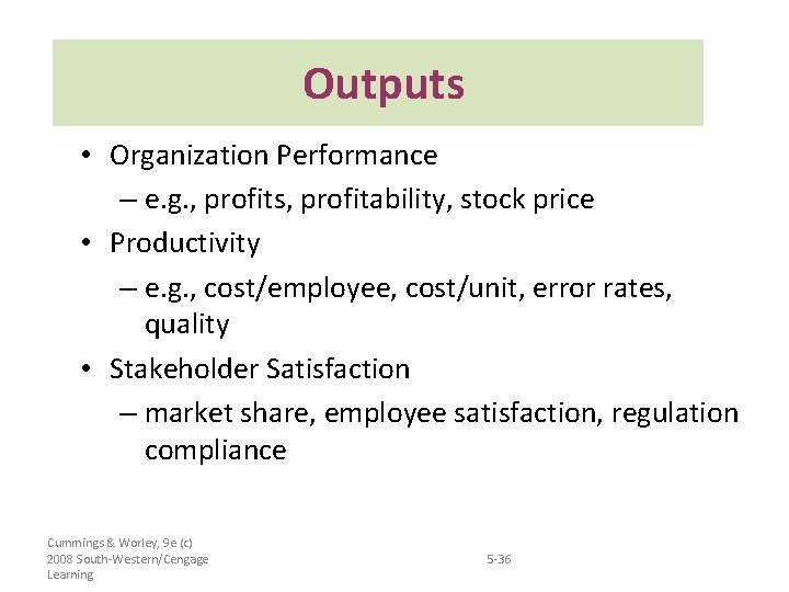 Outputs • Organization Performance – e. g. , profits, profitability, stock price • Productivity