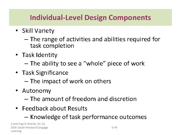 Individual-Level Design Components • Skill Variety – The range of activities and abilities required