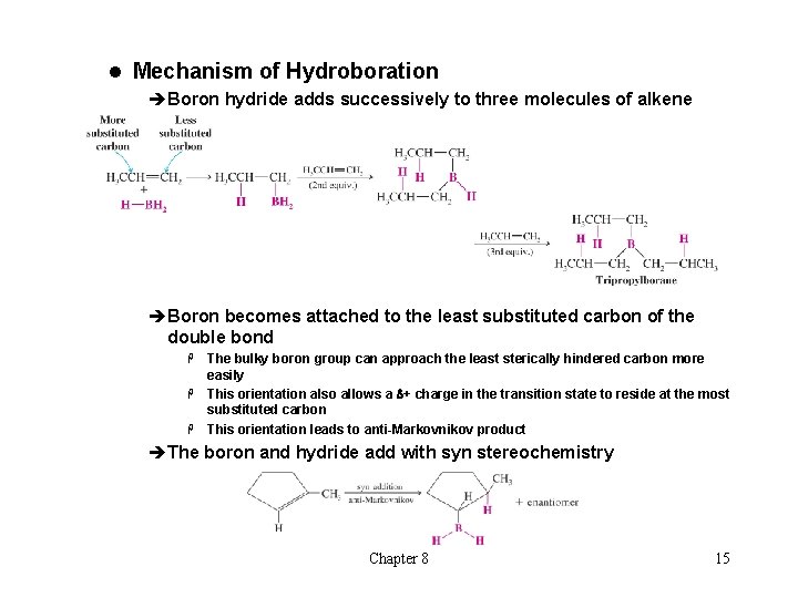 l Mechanism of Hydroboration èBoron hydride adds successively to three molecules of alkene èBoron