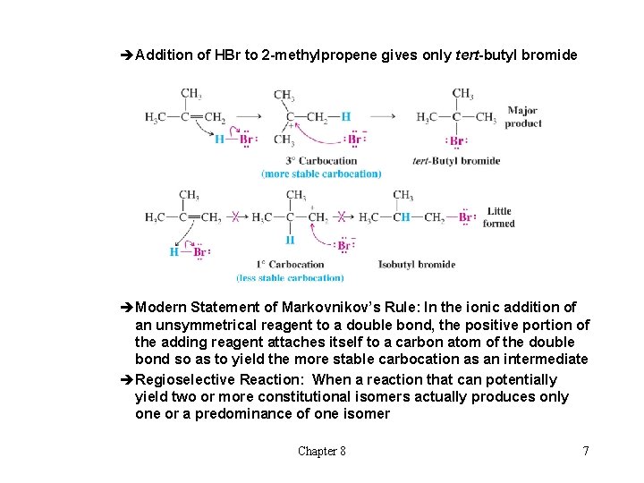 èAddition of HBr to 2 -methylpropene gives only tert-butyl bromide èModern Statement of Markovnikov’s