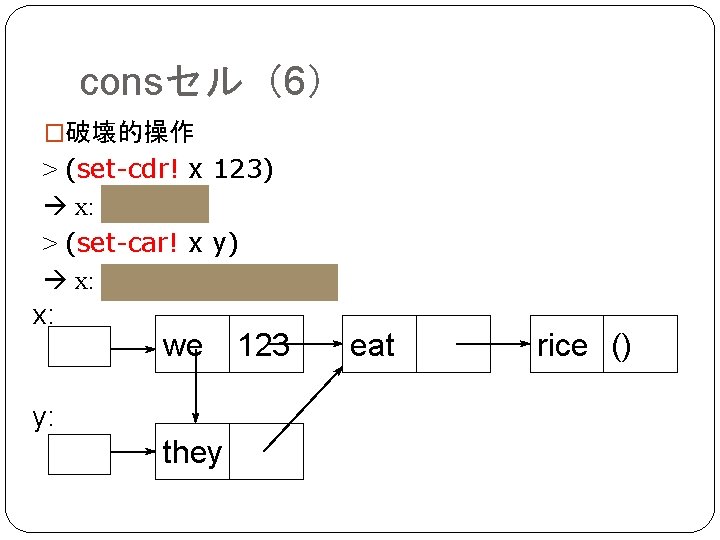 consセル（6） �破壊的操作 > (set-cdr! x 123) x: (we. 123) > (set-car! x y) x: