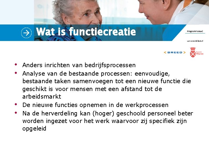 Wat is functiecreatie • • Anders inrichten van bedrijfsprocessen Analyse van de bestaande processen: