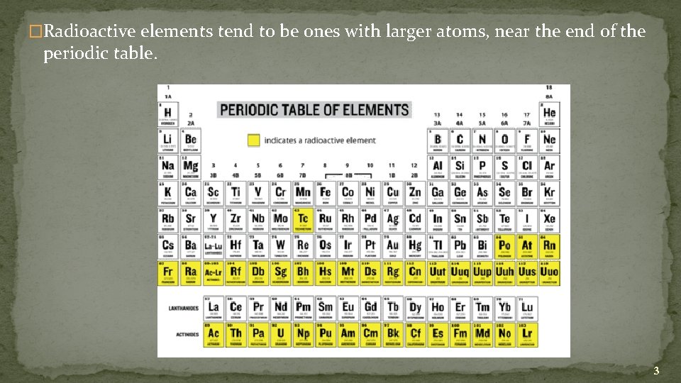 �Radioactive elements tend to be ones with larger atoms, near the end of the