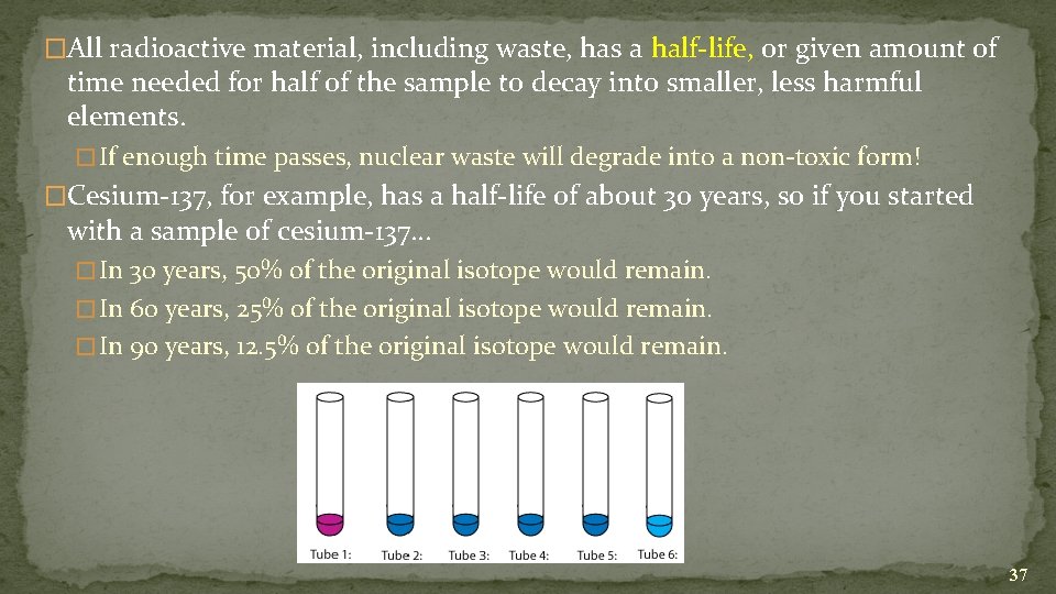 �All radioactive material, including waste, has a half-life, or given amount of time needed