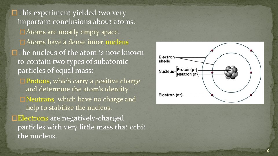 �This experiment yielded two very important conclusions about atoms: � Atoms are mostly empty