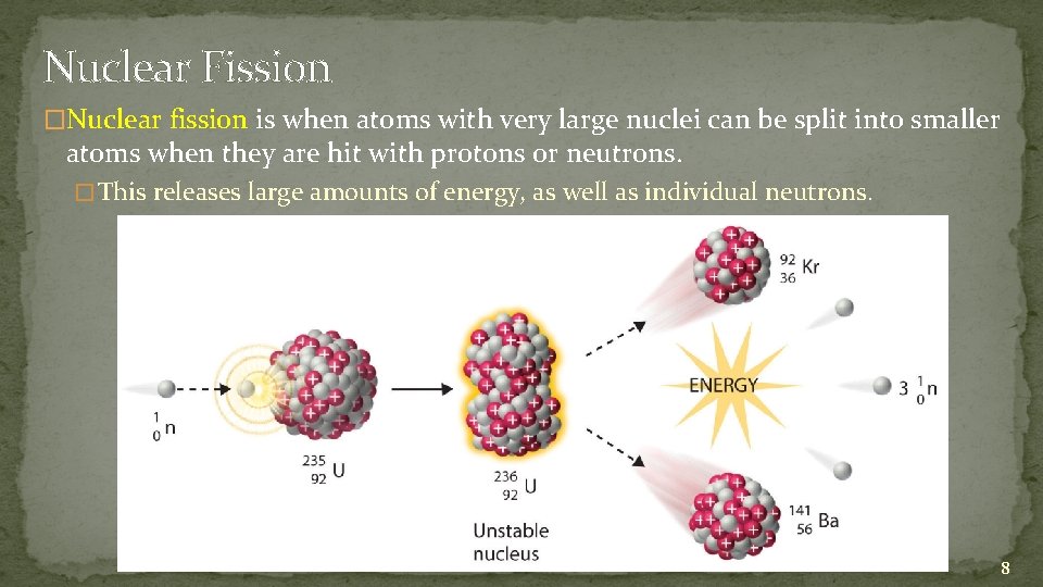 Nuclear Fission �Nuclear fission is when atoms with very large nuclei can be split