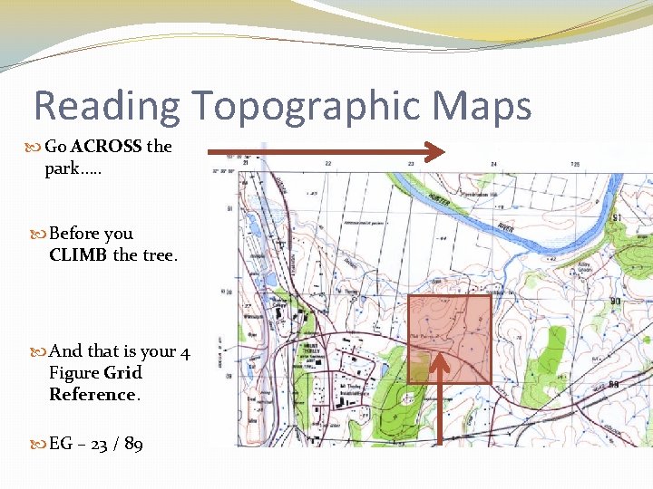 Reading Topographic Maps Go ACROSS the park…. . Before you CLIMB the tree. And