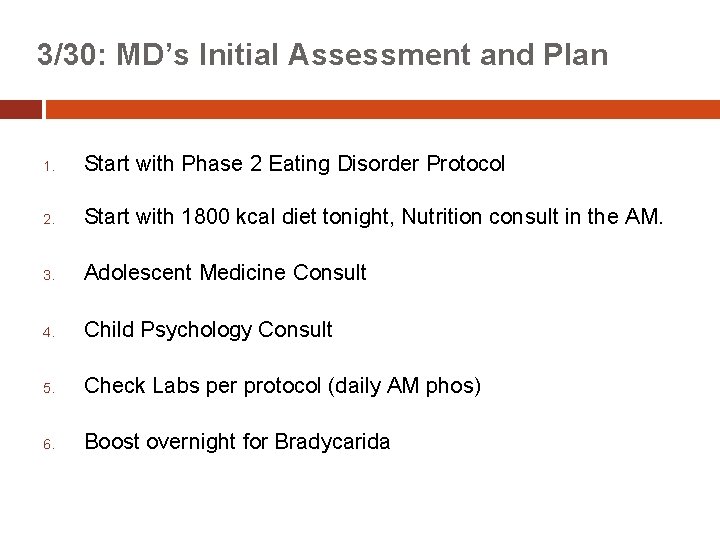 3/30: MD’s Initial Assessment and Plan 1. Start with Phase 2 Eating Disorder Protocol