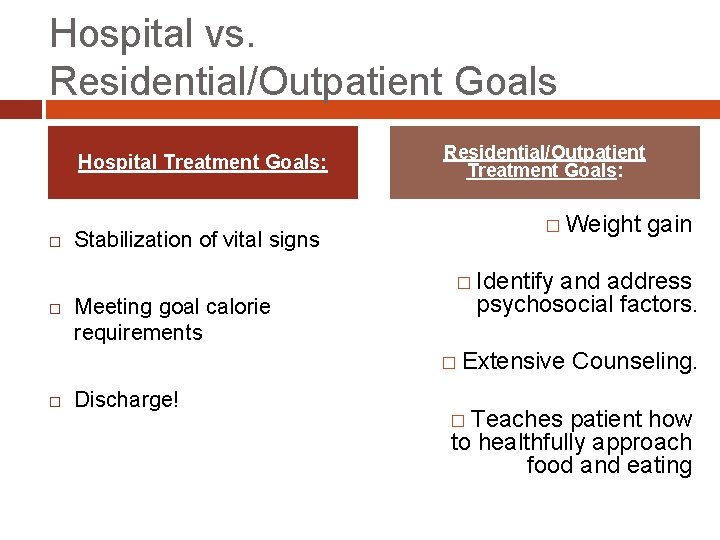 Hospital vs. Residential/Outpatient Goals Hospital Treatment Goals: Stabilization of vital signs Meeting goal calorie