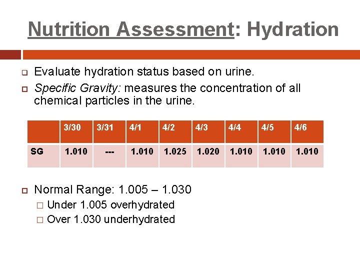 Nutrition Assessment: Hydration q Evaluate hydration status based on urine. Specific Gravity: measures the