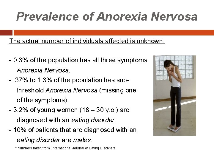 Prevalence of Anorexia Nervosa The actual number of individuals affected is unknown. - 0.