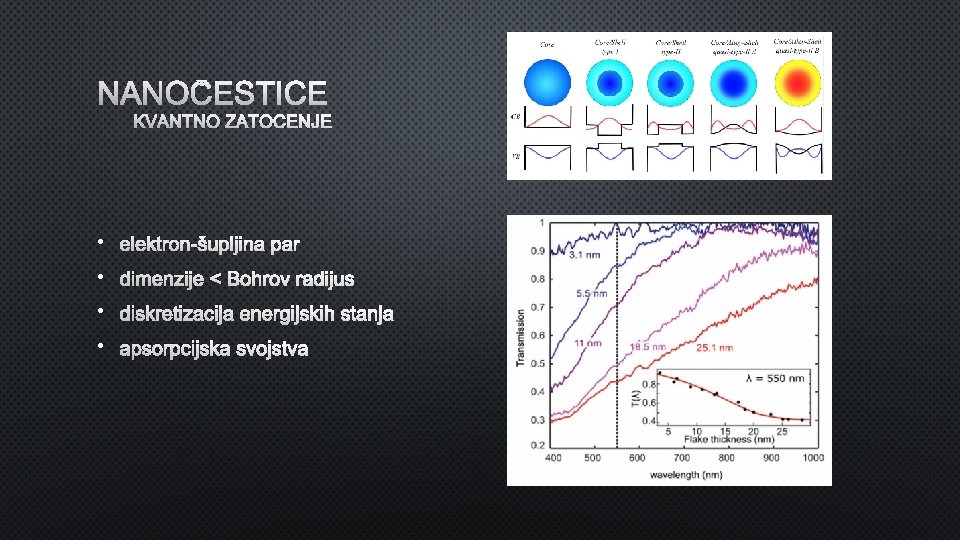 NANOČESTICE KVANTNO ZATOČENJE • elektron-šupljina par • dimenzije < Bohrov radijus • diskretizacija energijskih