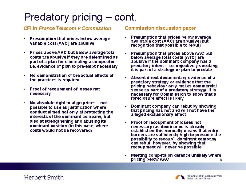 Predatory pricing – cont. CFI in France Telecom v Commission discussion paper • Presumption