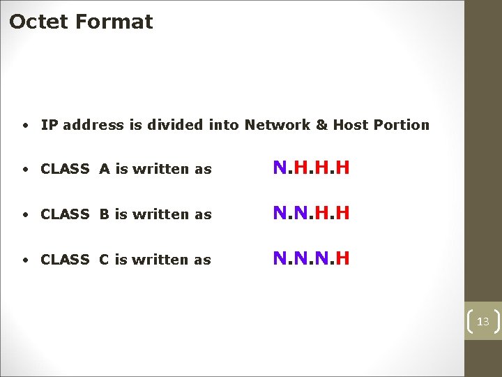 Octet Format • IP address is divided into Network & Host Portion • CLASS