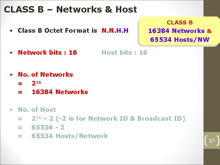 CLASS B – Networks & Host CLASS B • Class B Octet Format is
