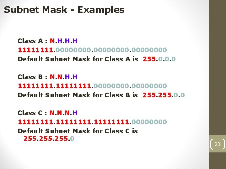 Subnet Mask - Examples Class A : N. H. H. H 1111. 00000000 Default