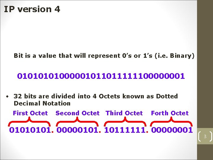 IP version 4 Bit is a value that will represent 0’s or 1’s (i.