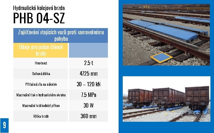 Hydraulická kolejová brzda PHB 04 -SZ Zajišťování stojících vozů proti samovolnému pohybu Údaje pro