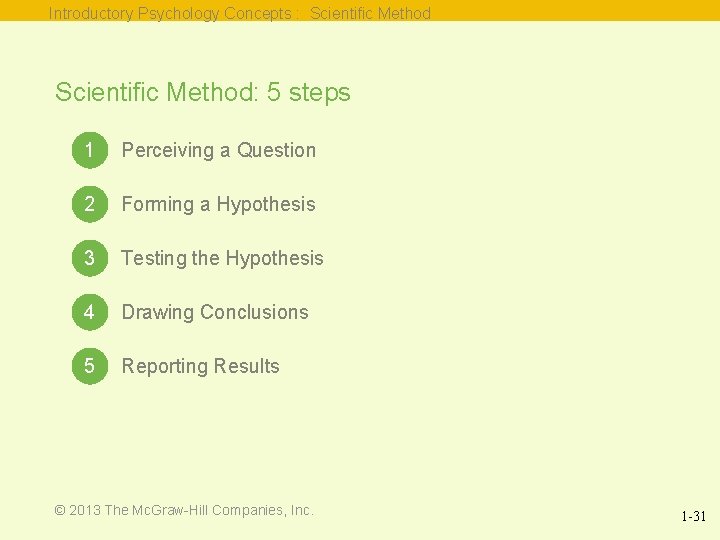 Introductory Psychology Concepts : Scientific Method: 5 steps 1 Perceiving a Question 2 Forming