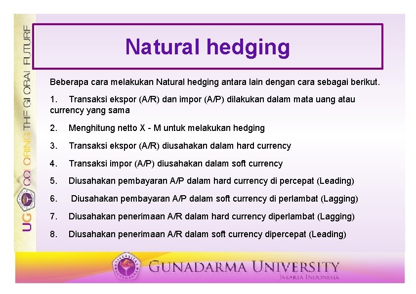 Natural hedging Beberapa cara melakukan Natural hedging antara lain dengan cara sebagai berikut. 1. Natural hedging Beberapa cara melakukan Natural hedging antara lain dengan cara sebagai berikut. 1.
