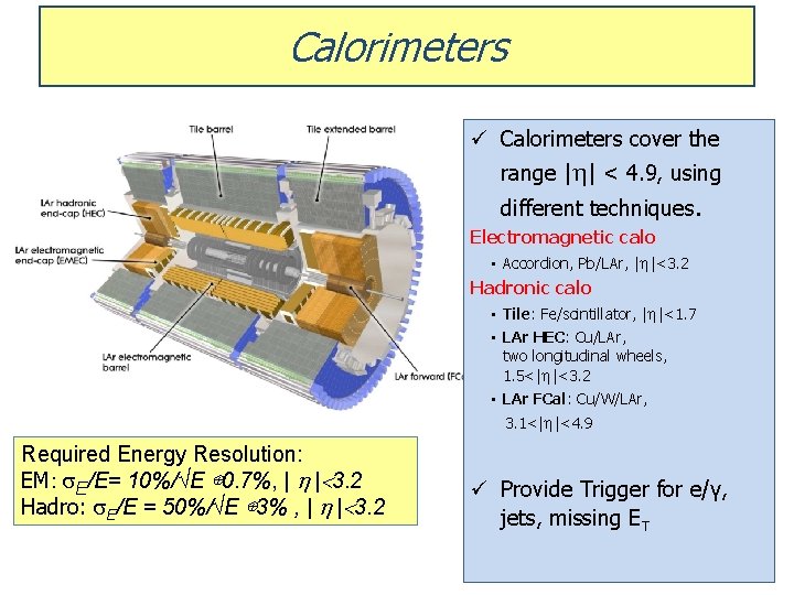 Calorimeters ü Calorimeters cover the range |h| < 4. 9, using different techniques. Electromagnetic