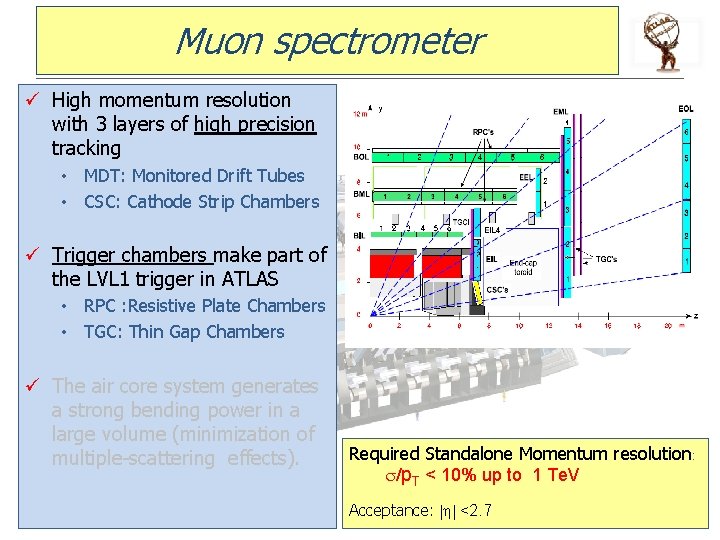 Muon spectrometer ü High momentum resolution with 3 layers of high precision tracking •