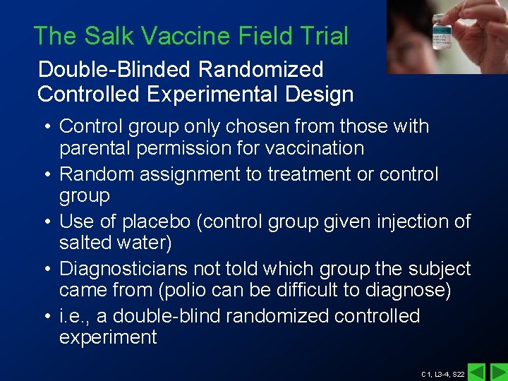 The Salk Vaccine Field Trial Double-Blinded Randomized Controlled Experimental Design • Control group only The Salk Vaccine Field Trial Double-Blinded Randomized Controlled Experimental Design • Control group only