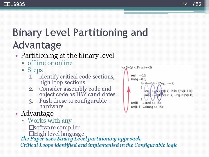 14 / 52 EEL 6935 Binary Level Partitioning and Advantage • Partitioning at the