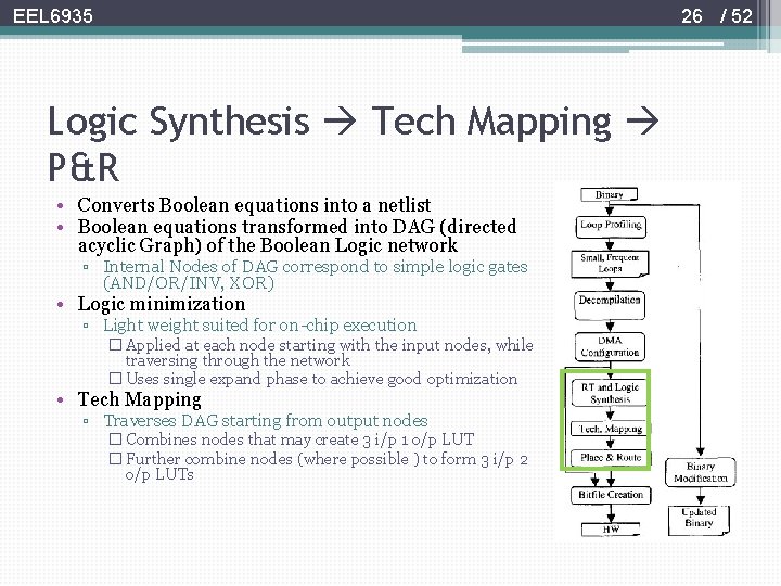 26 / 52 EEL 6935 Logic Synthesis Tech Mapping P&R • Converts Boolean equations