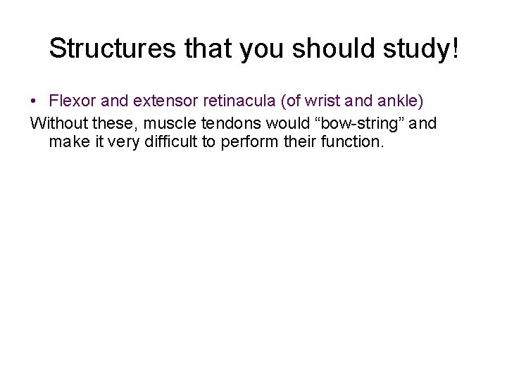 Structures that you should study! • Flexor and extensor retinacula (of wrist and ankle) Structures that you should study! • Flexor and extensor retinacula (of wrist and ankle)
