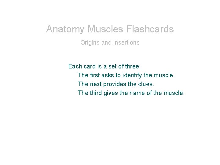 Anatomy Muscles Flashcards Origins and Insertions Each card is a set of three: The Anatomy Muscles Flashcards Origins and Insertions Each card is a set of three: The