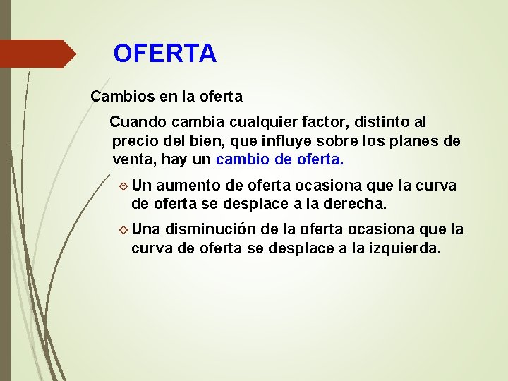 OFERTA Cambios en la oferta Cuando cambia cualquier factor, distinto al precio del bien,