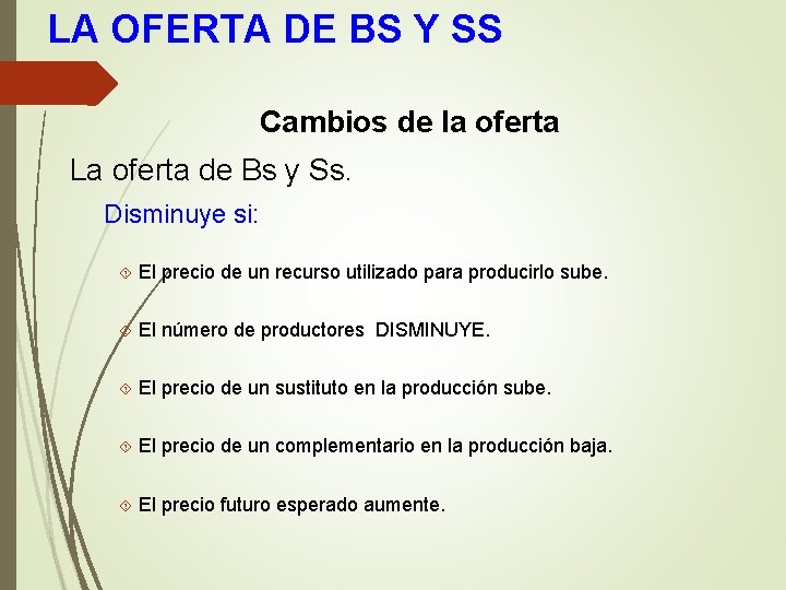 LA OFERTA DE BS Y SS Cambios de la oferta La oferta de Bs