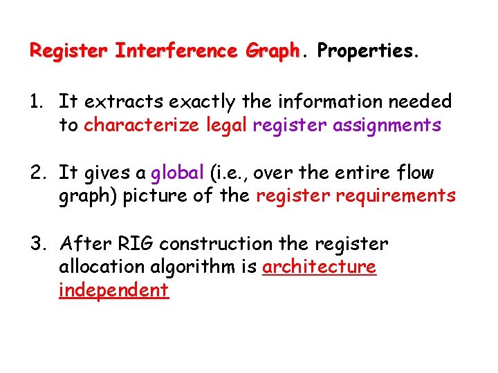 Register Interference Graph Properties. 1. It extracts exactly the information needed to characterize legal